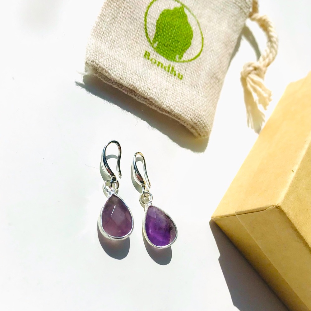 Dainty Purple Amethyst Crystal stone teardrop sterling silver 925 Hook Earrings